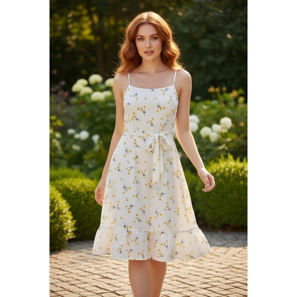 Nordstrom White Yellow Floral Ruffle‎ Midi Dress Spaghetti Strap Tie Waist XL